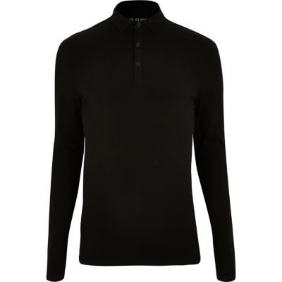 Black muscle fit long sleeve polo top